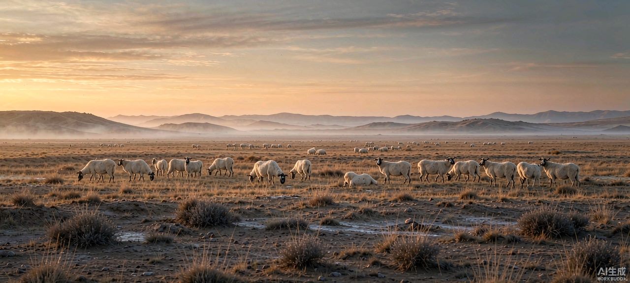 盐池滩羊草原牧场全景,成群的滩羊散布在辽阔草场上
