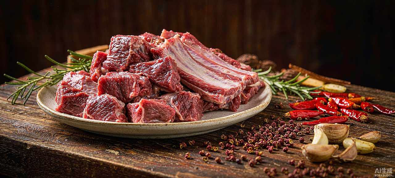 新鲜滩羊肉块与羊排，配以迷迭香、花椒等香料